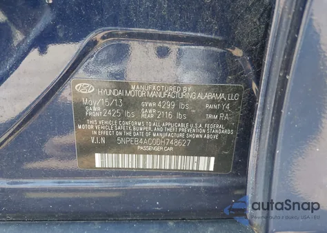 2013 Hyundai Sonata Gls from USA, damaged, VIN 5NPEB4AC0DH748627